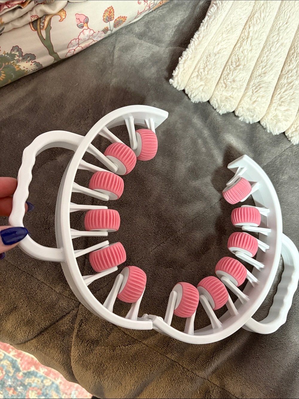 White Handheld Scalp Massager with Pink Silicone Rollers